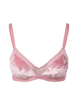 Rosa Samt-Bralette mit transparenten Mesh-Akzenten, verstellbaren Trägern und einem Logoband. Mit gewellten Kanten für zusätzliche Details.