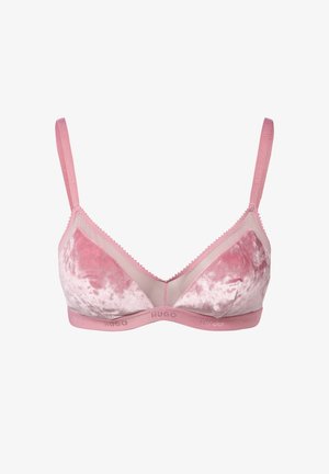 Pink velvet bralette with sheer mesh accents, adjustable straps, and a logo band. Features scalloped edges for added detail.