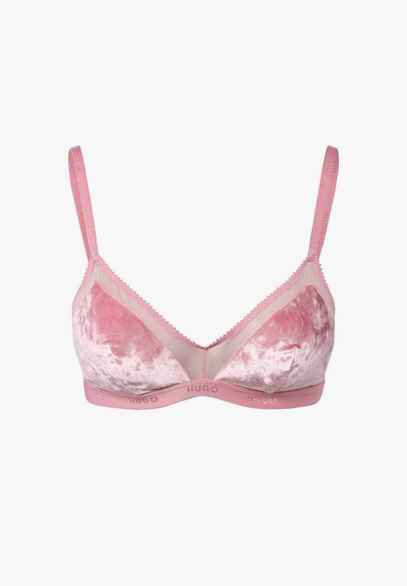 Pink velvet bralette with sheer mesh accents, adjustable straps, and a logo band. Features scalloped edges for added detail.