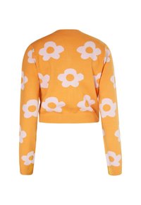 Maglione lavorato a maglia di un vivace giallo con motivo floreale bianco. Presenta maniche lunghe e un design corto. Texture liscia e scollo classico.