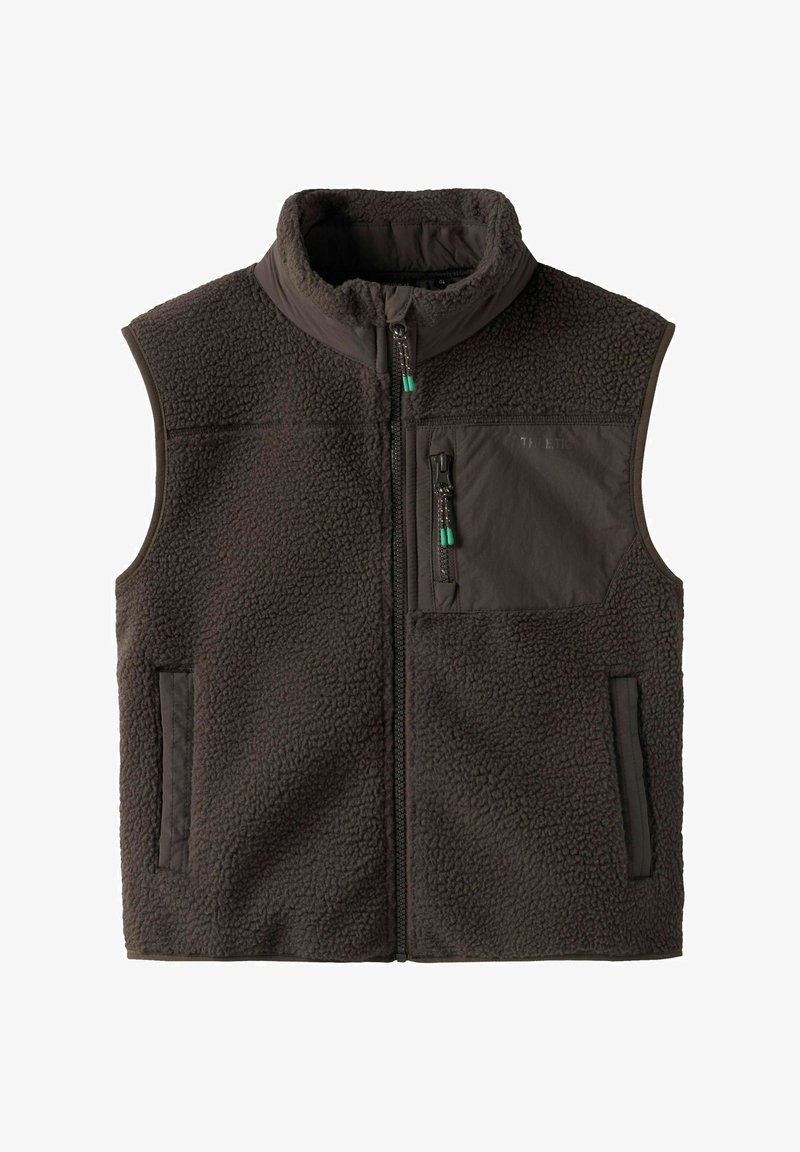 Tumši pelēks flīsa vestes ar augstu apkakli, pilnu priekšējo rāvējslēdzēju, rāvējslēdzēja krūšu kabatu un divām sānu kabatām.