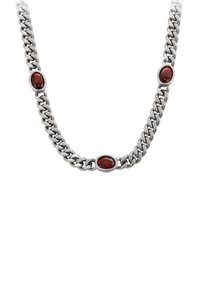 Collana in argento con gemme rosse ovali alternate. I link testurizzati creano un aspetto audace e sostanzioso. La finitura liscia del metallo esalta la brillantezza.