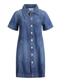 Abito in denim con maniche corte, colletto a camicia, chiusura frontale con bottoni e cuciture verticali. Colore blu scuro con una consistenza liscia.