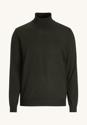 Olivgrön polotröja i lätt tyg, med ribbad nacke och manschetter, samt en slim-fit design utan mönster.