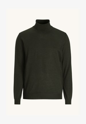 Olive green turtleneck sweater made of lightweight fabric, featuring ribbed neckline and cuffs, and a slim-fit design without patterns.
