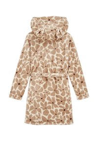 Fleece badjas in lichtbeige met een bloemenpatroon in donkerbruin. Heeft een capuchon, lange mouwen en een tailleband.
