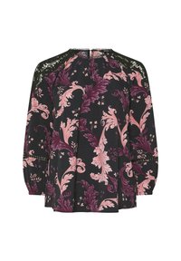 Blusa nera con maniche lunghe, caratterizzata da un motivo floreale in tonalità di rosa e viola. Include dettagli in pizzo sulle spalle e una vestibilità rilassata.