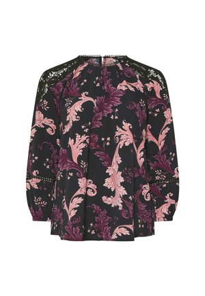 Blouse noire à manches longues, ornée d'un motif floral dans des nuances de rose et de violet. Comprend des accents en dentelle sur les épaules et une coupe décontractée.