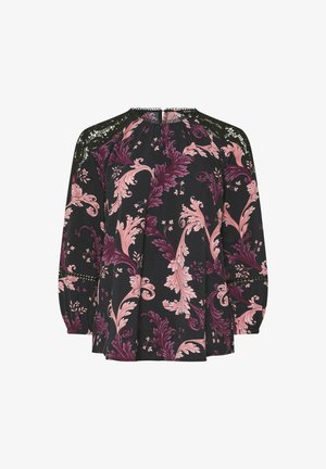 Musta paita pitkillä hihoilla, jossa on kukkakuvio pinkin ja purppuran sävyissä. Sisältää pitsikoristeet olkapäillä ja rento istuvuus.