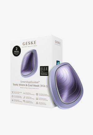 Sonic varm och kall mask i en böjd, lila design. Förpackningen har varumärkeslogotyp och ikoner som indikerar olika hudvårdsteknologier och funktioner.