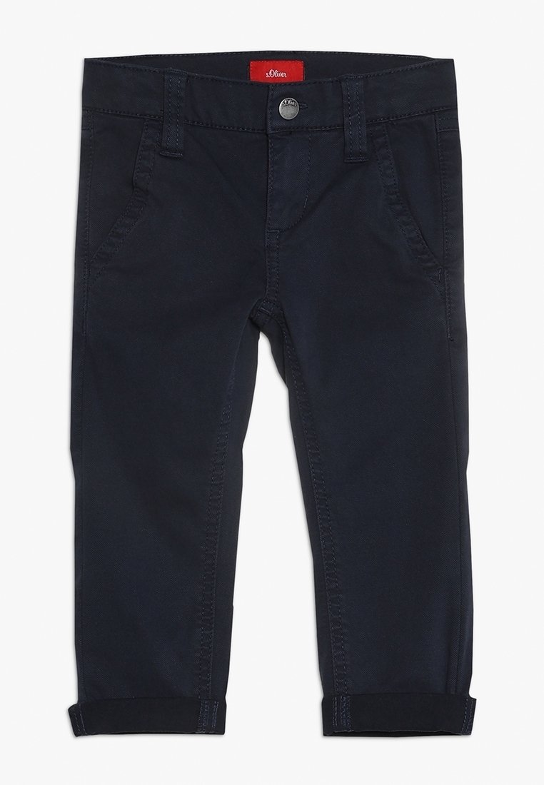 Pantalon en coton bleu marine avec une coupe droite, cinq poches et un ourlet retroussé. Doté d'un bouton en métal et de détails cousus.