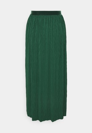 Longue jupe vert foncé avec un motif texturé subtil en forme de losange et une taille élastique, présentée à plat sur un fond blanc.