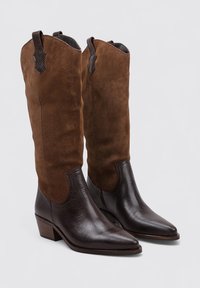 Bottes de cowboy en cuir suédé marron et cuir, à bout pointu, talon moyen, avec une tige en suède marron contrastant et une couture détaillée.