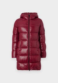 Lange kastanjebruine gewatteerde winterjas met capuchon, voorrits, twee zijzakken en een geborduurde steekpatroon tegen een effen achtergrond.