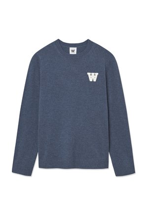 Navy blue knit sweater with long sleeves, crew neck, and ribbed cuffs. Features a white "W" logo on the left chest area. Soft texture.