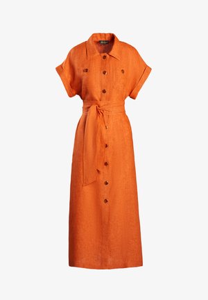Orange linen shirt dress with short sleeves, buttoned front, waist tie, and two chest pockets. Features a relaxed fit and natural texture.