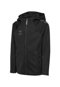 Svart zip-up hoodie tillverkad av mjukt tyg, med huva, två sidofickor och ljusgrå axelkomponenter. Broderad logotyp på bröstet.
