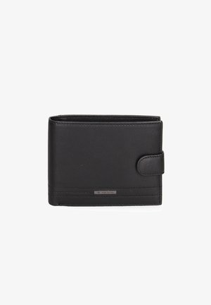 Portafoglio in pelle nera con una superficie liscia, forma rettangolare e chiusura frontale. Presenta un logo e dettagli di cucitura orizzontale.