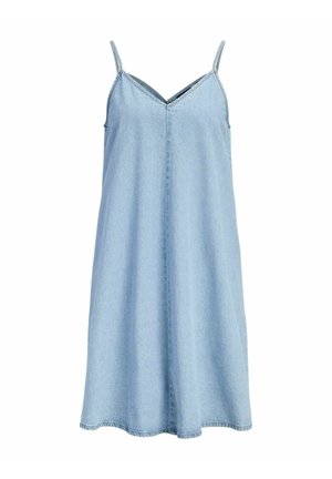 Robe sans manches en denim bleu clair avec fines bretelles et encolure en V, coupe ample, longueur genoux, devant uni.
