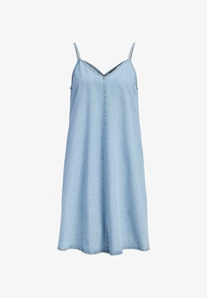 Robe sans manches en denim bleu clair avec fines bretelles et encolure en V, coupe ample, longueur genoux, devant uni.