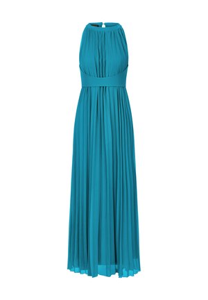 Teal jurk met een hoge halslijn, geplooid ontwerp, mouwloos en met een tailleband. Gemaakt van lichtgewicht stof, met een vloerlength stijl.