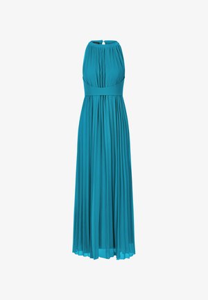 Türenkleid in Türkis mit hohem Ausschnitt, plissee Design, ärmellose Schnittführung und Taillierung. Hergestellt aus leichtem Material, bodenlanger Stil.
