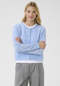 Cardigan court bleu clair avec des boutons, des poignets et un ourlet côtelés ; fabriqué dans un tissu doux et légèrement texturé. Associé à une chemise blanche.
