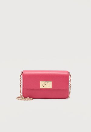Small rectangular pink leather handbag with gold chain strap and rectangular gold clasp on front flap.