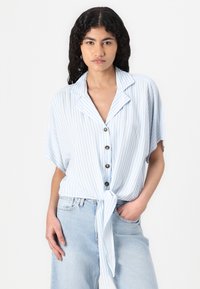 Blue and white striped short-sleeve button-up shirt with a tie at the waist. Smooth fabric and relaxed fit. Five round buttons visible.