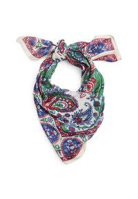 Bufanda de seda estampada con un diseño floral en verde, azul, rojo y blanco, atada en la parte superior, con una textura ligera y suave.