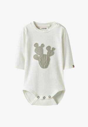 Biały bawełniany body dla niemowląt z jasnografitowym haftem w kształcie kaktusa, z długimi rękawami i zatrzaskami na dole.