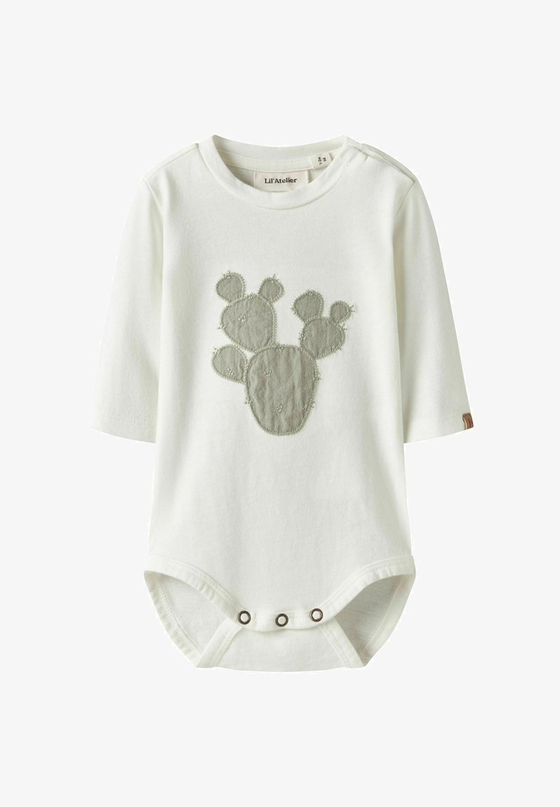 Hvid babybodystocking i bomuld med lysegrøn kaktusformet broderi, lange ærmer og trykknapper i bunden.
