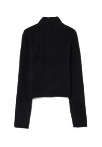 Pull noir côtelé avec un col montant et des manches longues, présentant un design cropped et un tissu texturé. Pas de marquage ou d'accents visibles.