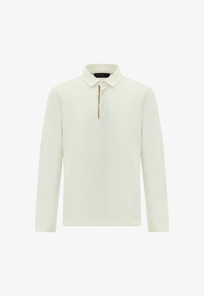 Langarm-Polohemd in Off-White. Mit klassischem Kragen und drei Knöpfen, weichem Stoff und klaren Linien. Keine sichtbaren Muster oder Akzente.