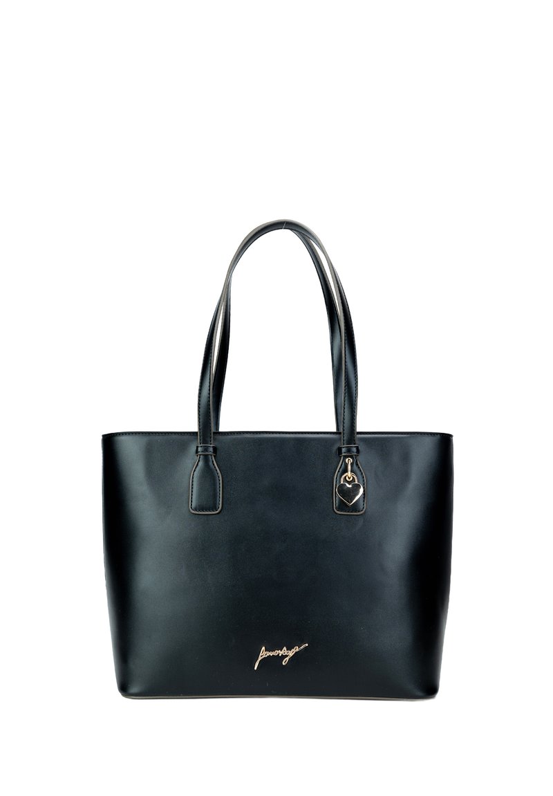 Čierna kožená taška s hladkou textúrou, duálnymi rúčkami, zlatým srdiečkom ako kovovou súčasťou a logom písaným kurzívou na prednej strane.
