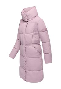 Pink puffer coat with a high collar, quilted design, side pockets, and long sleeves. Features a decorative patch on the sleeve.