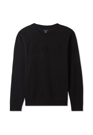 Felpa nera in misto cotone con collo rotondo, caratterizzata da scritte in rilievo "REALITY" sulla parte anteriore. Maniche lunghe e polsini a costine.