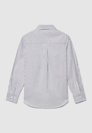 Chemise à manches longues gris clair avec rayures gris foncé. Dotée d'un col boutonné, d'un pli au dos et de poignets boutonnés.