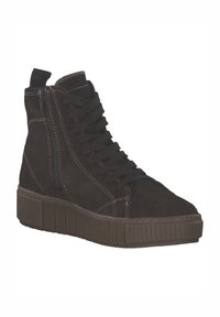 Czarne zamszowe sneakersy za kostkę z sznurówkami, bocznym zamkiem błyskawicznym, teksturowaną podeszwą oraz kontrastowymi detalami stawów.