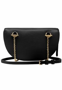 Borsa a spalla in pelle nera con forma arrotondata, hardware dorato, dettagli in catena e tracolla regolabile. Superficie texturizzata per un ulteriore tocco di eleganza.