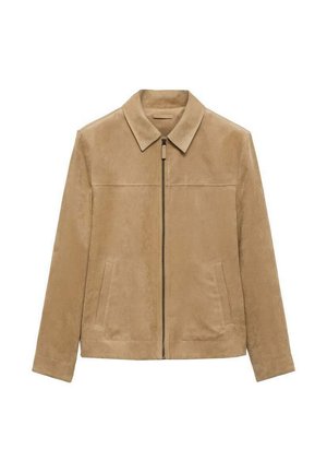 Tan ruskindsjakke med spids krave, central lynlås, to foran lommers og en glat tekstur. Har et minimalistisk design og skræddersyet pasform.