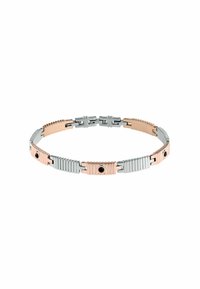 Bracciale in argento e oro rosa con anelli intrecciati, dotato di dettagli testurizzati e particolari circolari neri, che mette in mostra un design moderno e geometrico.