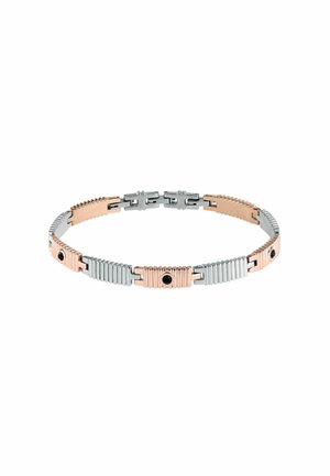 Bracciale in argento e oro rosa con anelli intrecciati, dotato di dettagli testurizzati e particolari circolari neri, che mette in mostra un design moderno e geometrico.