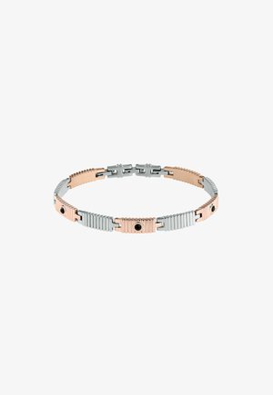 Bracciale in argento e oro rosa con anelli intrecciati, dotato di dettagli testurizzati e particolari circolari neri, che mette in mostra un design moderno e geometrico.