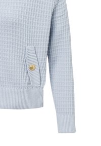 Hellblauer strukturierter Pullover mit einem gewebten Muster, langen Ärmeln und einer Seitentasche mit einer goldfarbenen Knopf-Details.