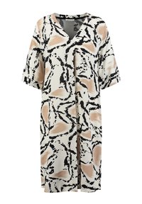 Kurzärmliges Kleid aus leichtem Stoff, mit weißem Grund und abstrakten schwarzen und beigen Mustern, V-Ausschnitt und lockerer Passform.