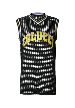 Sort ærmeløs sportsvest i mesh med gul og hvid striped kant og "COLUCCI" i store gule bogstaver tværs over brystet.