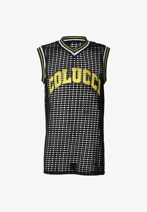 Débardeur de sport noir sans manches en mesh avec des bordures rayées jaune et blanc et "COLUCCI" en grandes lettres jaunes sur la poitrine.