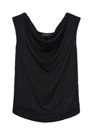 Top nero senza maniche con scollatura drappeggiata, realizzato in tessuto morbido, con una vestibilità rilassata e una consistenza liscia. L'etichetta riporta "CALLIOPE."