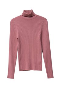 Maglione a collo alto a costine in rosa tenue, con maniche lunghe e un design aderente. Texture liscia con una leggera elasticità per garantire comfort.